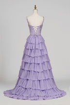 Lilac Spaghetti Straps Chiffon Ruffled A Line Long Formal Prom Dresses With Beading - Curvevia