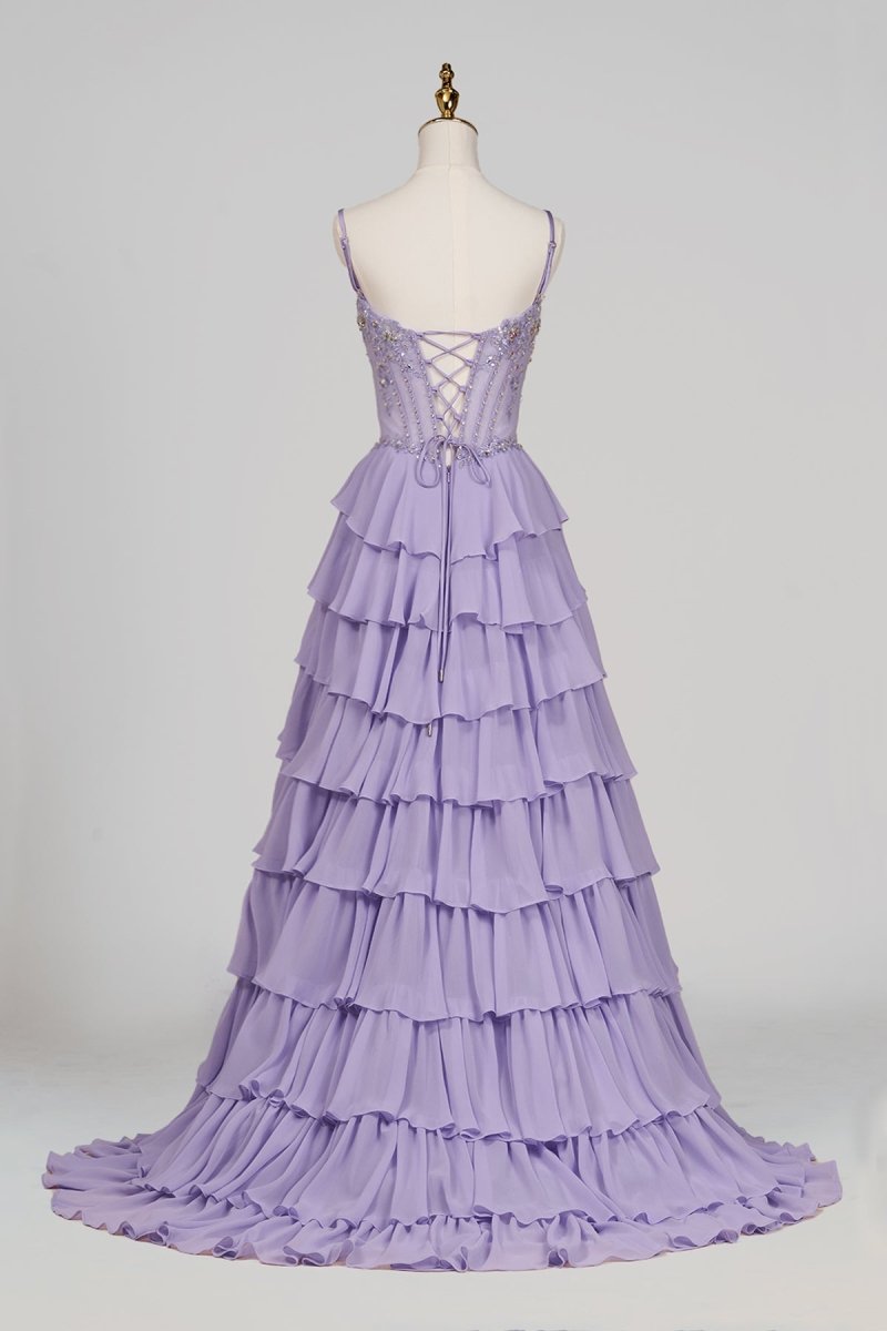 Lilac Spaghetti Straps Chiffon Ruffled A Line Long Formal Prom Dresses With Beading - Curvevia