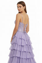 Lilac Spaghetti Straps Chiffon Ruffled A Line Long Formal Prom Dresses With Beading - Curvevia