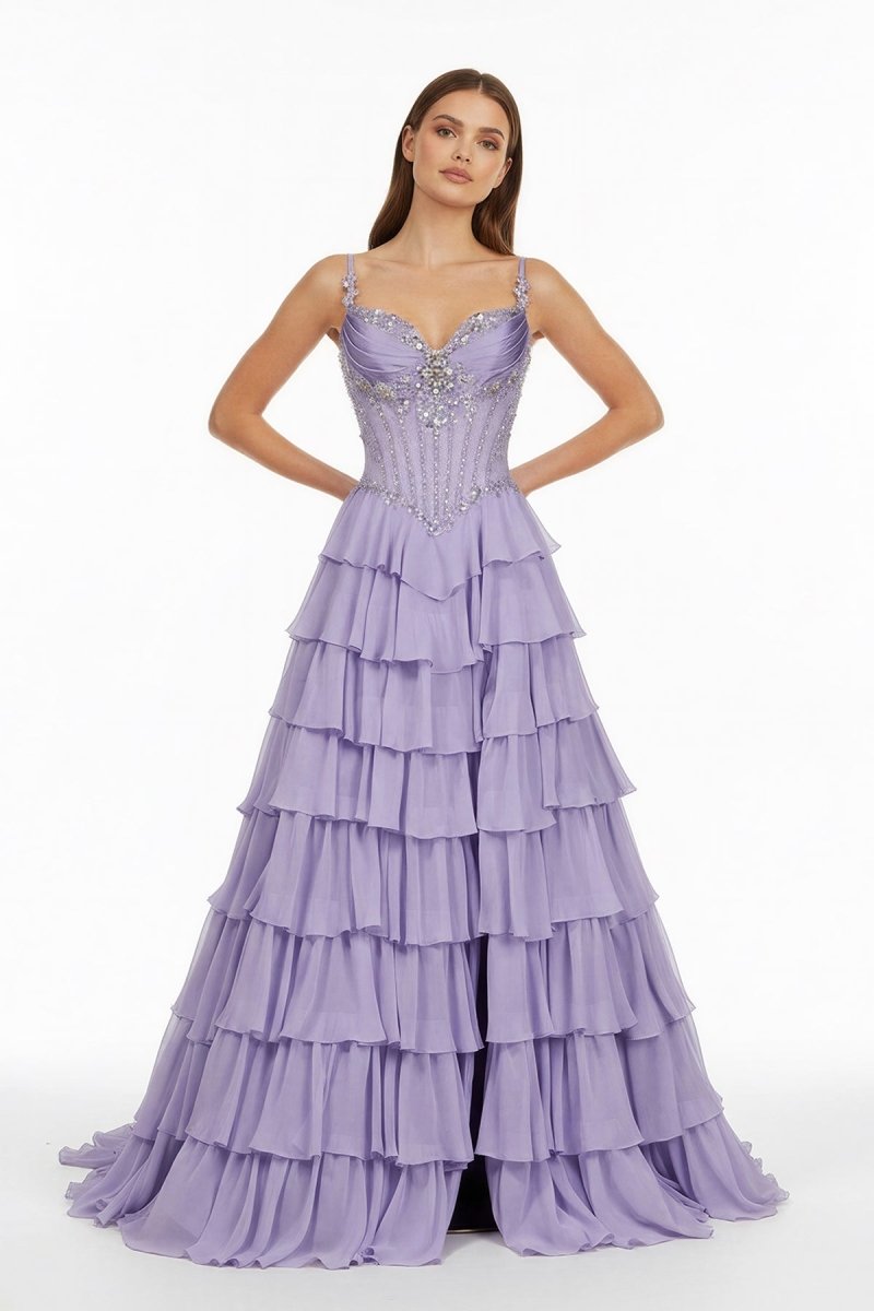 Lilac Spaghetti Straps Chiffon Ruffled A Line Long Formal Prom Dresses With Beading - Curvevia
