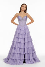 Lilac Spaghetti Straps Chiffon Ruffled A Line Long Formal Prom Dresses With Beading - Curvevia