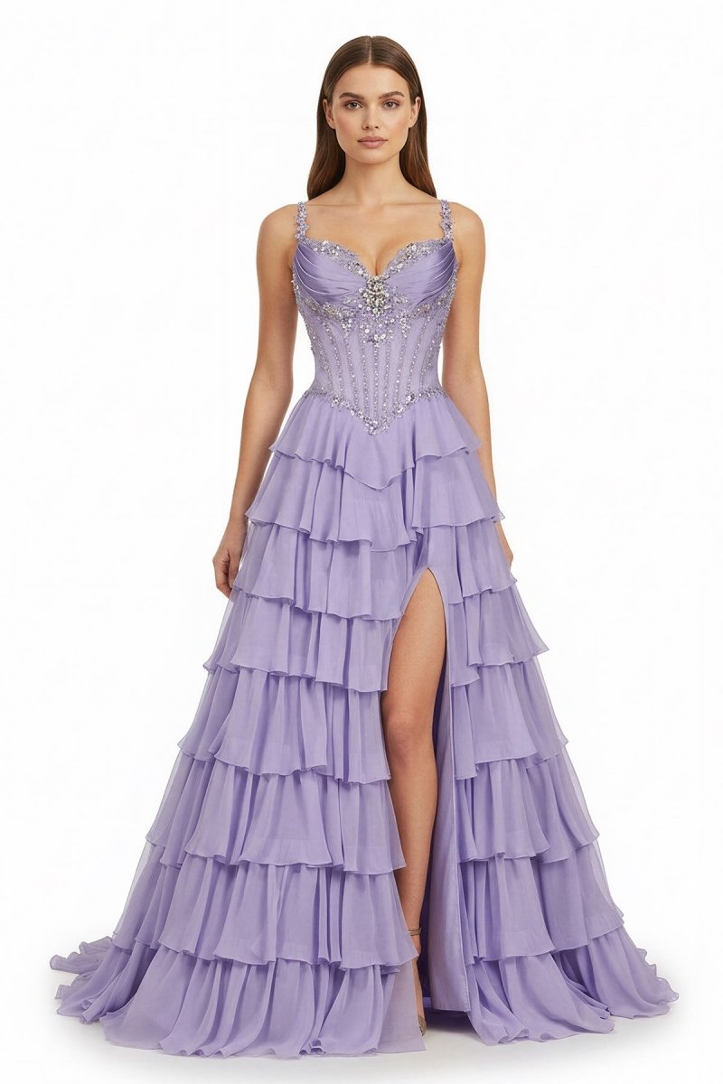 Lilac Spaghetti Straps Chiffon Ruffled A Line Long Formal Prom Dresses With Beading - Curvevia