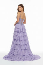 Lilac Spaghetti Straps Chiffon Ruffled A Line Long Formal Prom Dresses With Beading - Curvevia