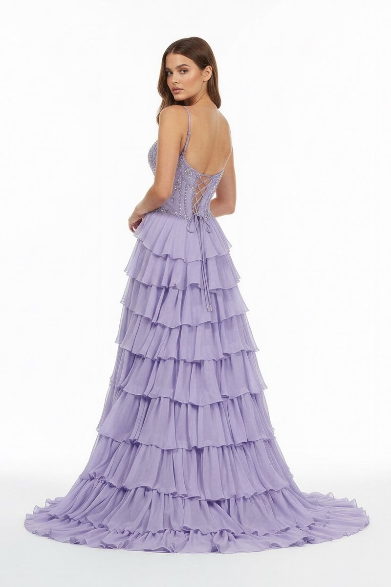 Lilac Spaghetti Straps Chiffon Ruffled A Line Long Formal Prom Dresses With Beading - Curvevia