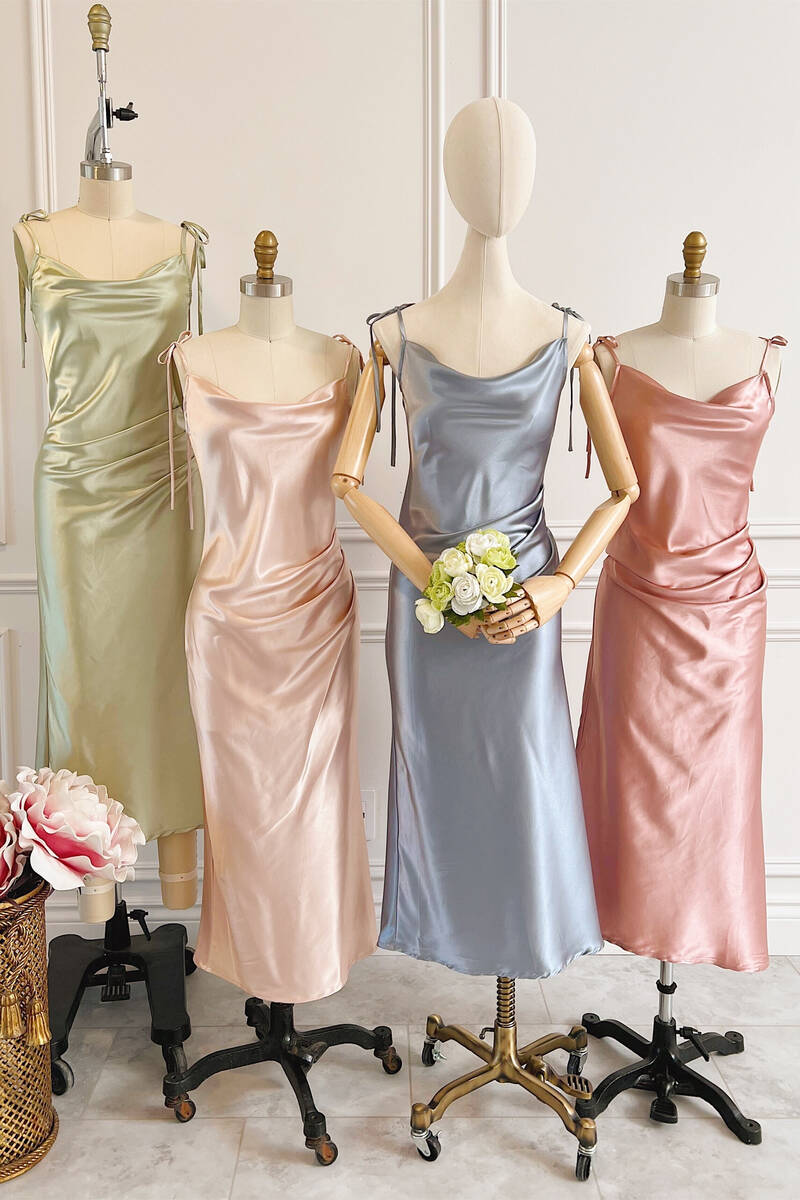 Sheath Champagne Long Bridesmaid Dress With Tie Shoulder - Curvevia
