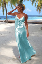 Sky Blue Spaghetti Straps Sheath Satin Backless Long Evening Dress With Flower - Curvevia