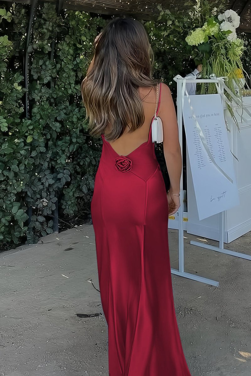 Sky Blue Spaghetti Straps Sheath Satin Backless Long Evening Dress With Flower - Curvevia