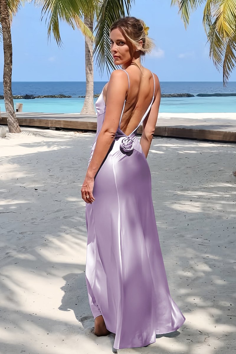 Sky Blue Spaghetti Straps Sheath Satin Backless Long Evening Dress With Flower - Curvevia