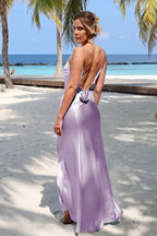 Sky Blue Spaghetti Straps Sheath Satin Backless Long Evening Dress With Flower - Curvevia