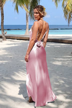 Sky Blue Spaghetti Straps Sheath Satin Backless Long Evening Dress With Flower - Curvevia