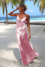 Sky Blue Spaghetti Straps Sheath Satin Backless Long Evening Dress With Flower - Curvevia