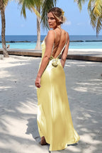 Sky Blue Spaghetti Straps Sheath Satin Backless Long Evening Dress With Flower - Curvevia