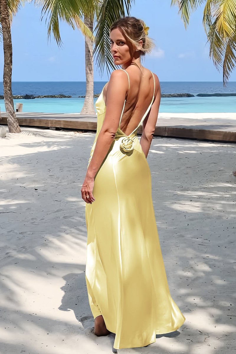 Sky Blue Spaghetti Straps Sheath Satin Backless Long Evening Dress With Flower - Curvevia