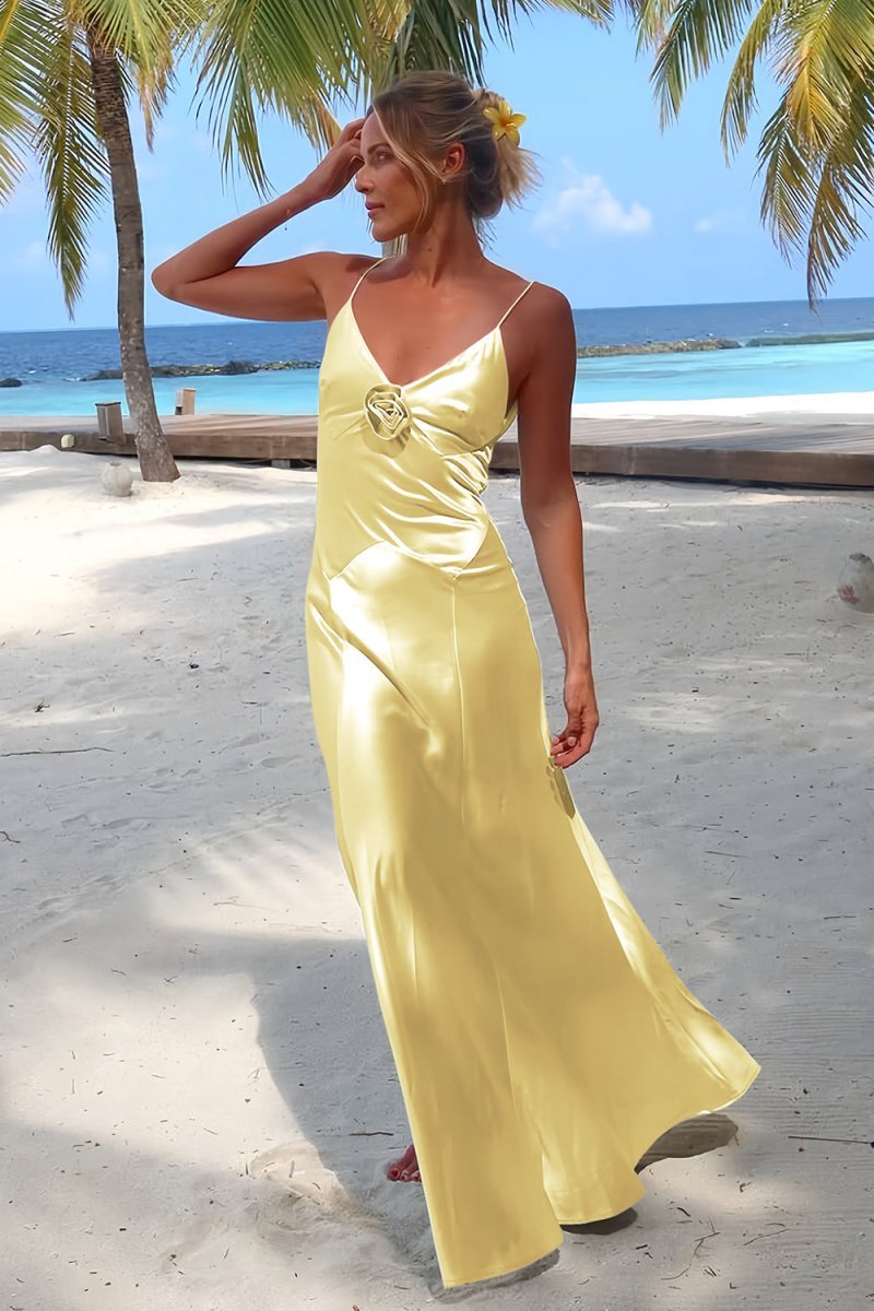 Sky Blue Spaghetti Straps Sheath Satin Backless Long Evening Dress With Flower - Curvevia