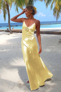 Sky Blue Spaghetti Straps Sheath Satin Backless Long Evening Dress With Flower - Curvevia