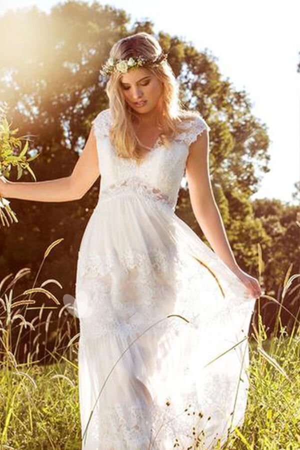 V-Neck Long Cap-Sleeve Appliqued Lace Tulle Wedding Dress - Curvevia