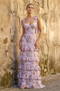 Blue Spaghetti Straps A Line Long Floral Wedding Guest Dress - Curvevia