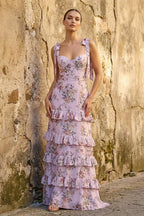 Blue Spaghetti Straps A Line Long Floral Wedding Guest Dress - Curvevia