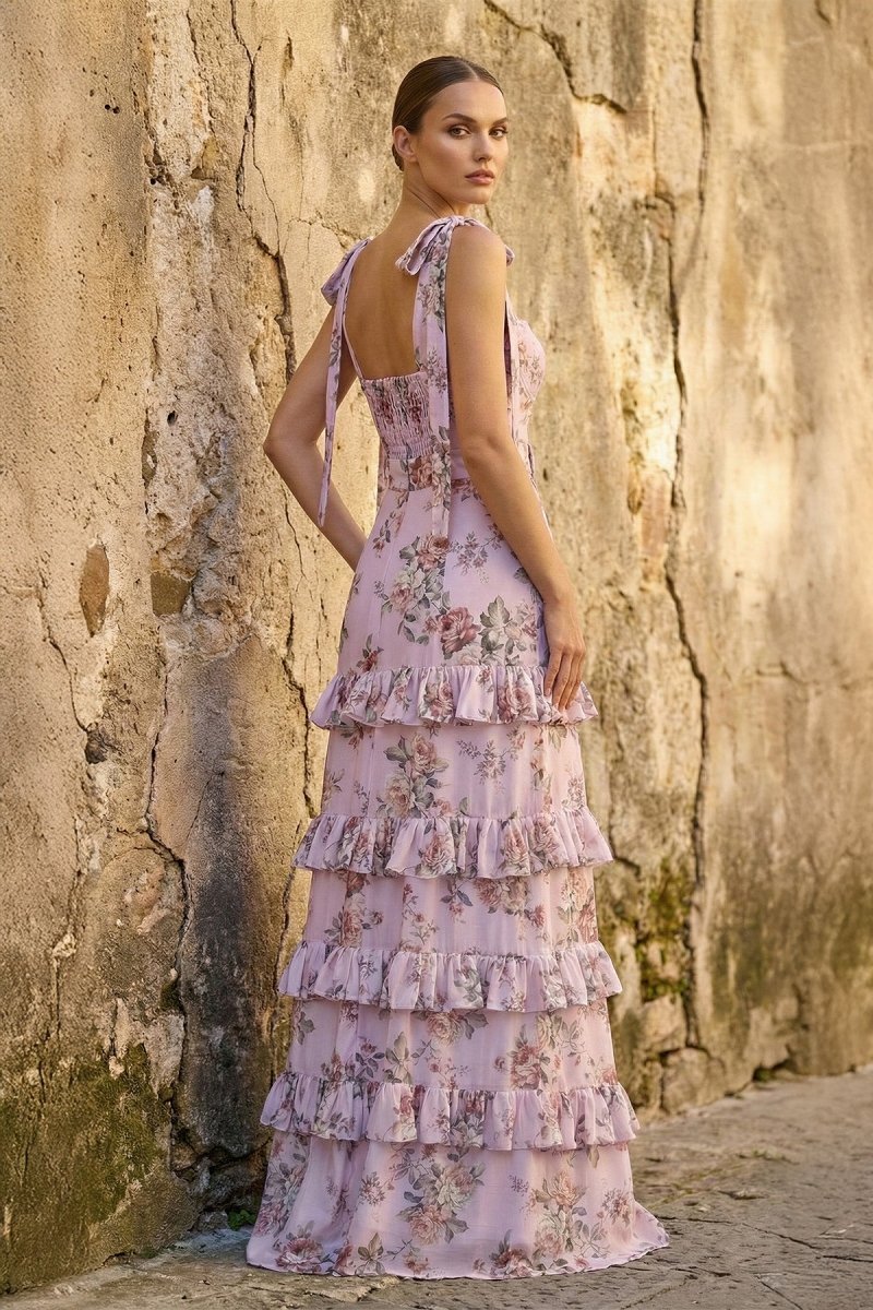 Blue Spaghetti Straps A Line Long Floral Wedding Guest Dress - Curvevia
