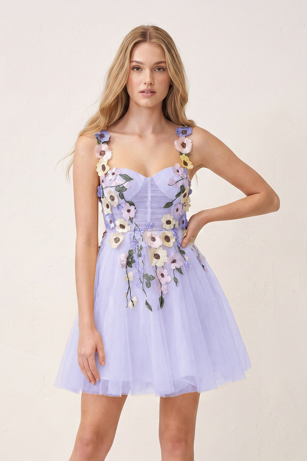 3D Flower Tulle Short Length Wedding Guest Dress - Curvevia