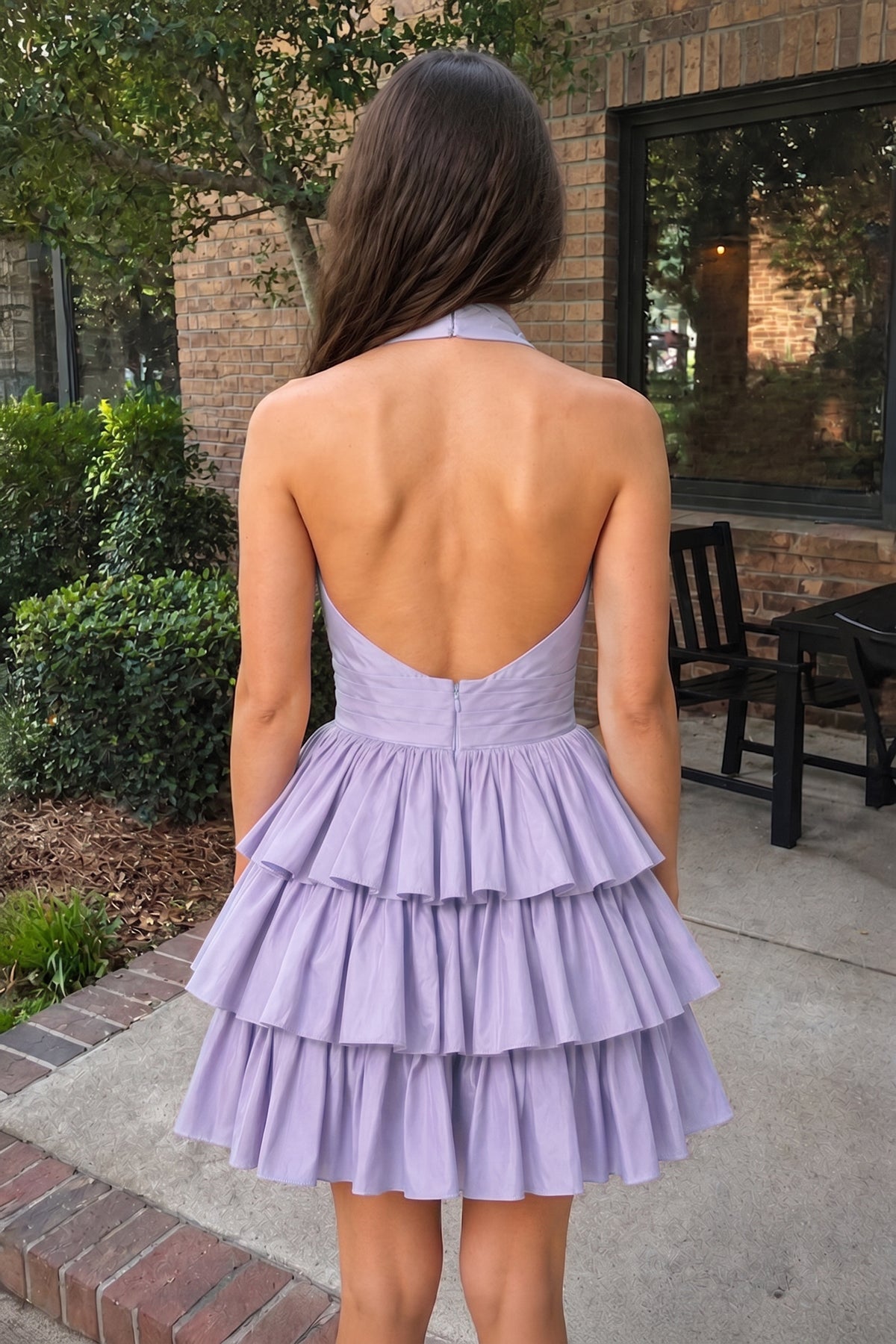 A-Line Deep Halter Satin Short Wedding Guest Dress with Ruffles - Curvevia