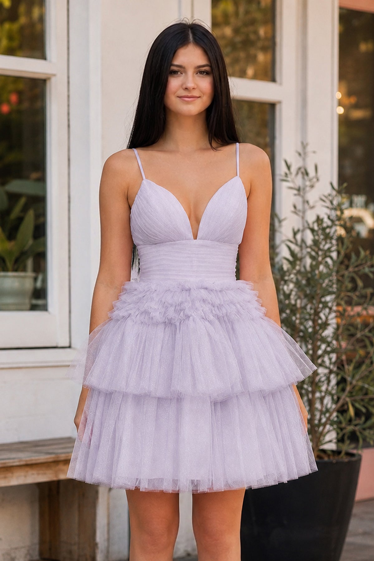 A-Line Deep V Neck Tiered Short Homecoming Dress - Curvevia