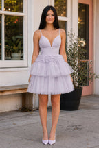 A-Line Deep V Neck Tiered Short Homecoming Dress - Curvevia