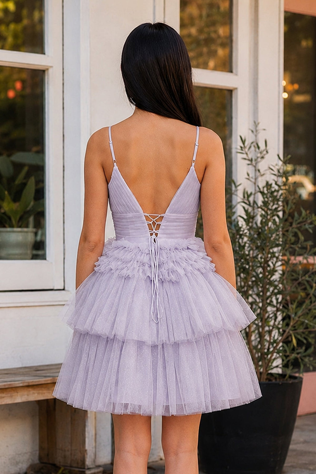 A-Line Deep V Neck Tiered Short Homecoming Dress - Curvevia