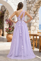 A Line One Shoulder Black Long Prom Dress with Appliques - Curvevia
