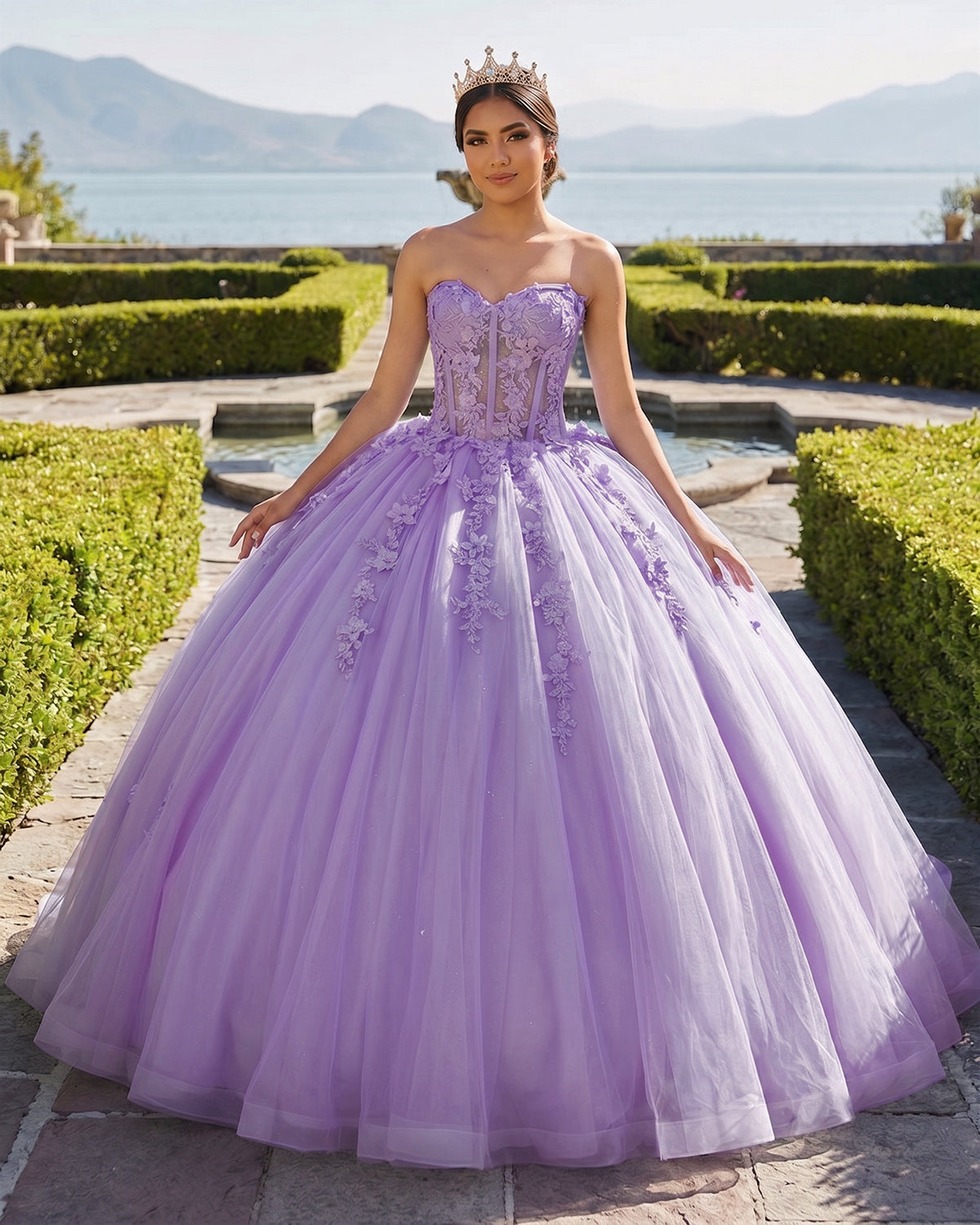 Sky Blue Ball-Gown Tulle 3D Flowers Sweetheart Quinceanera Dresses - Curvevia