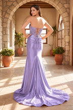 Fuchsia Beaded Strapless Applique Evening Dress with Slit - Curvevia