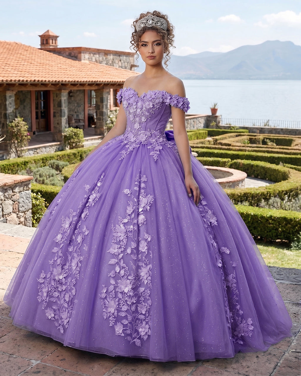 Big Bow Floral Flower Lace Applique Off Shoulder Ball Gown Quinceanera Dresses - Curvevia