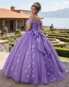 Big Bow Floral Flower Lace Applique Off Shoulder Ball Gown Quinceanera Dresses - Curvevia