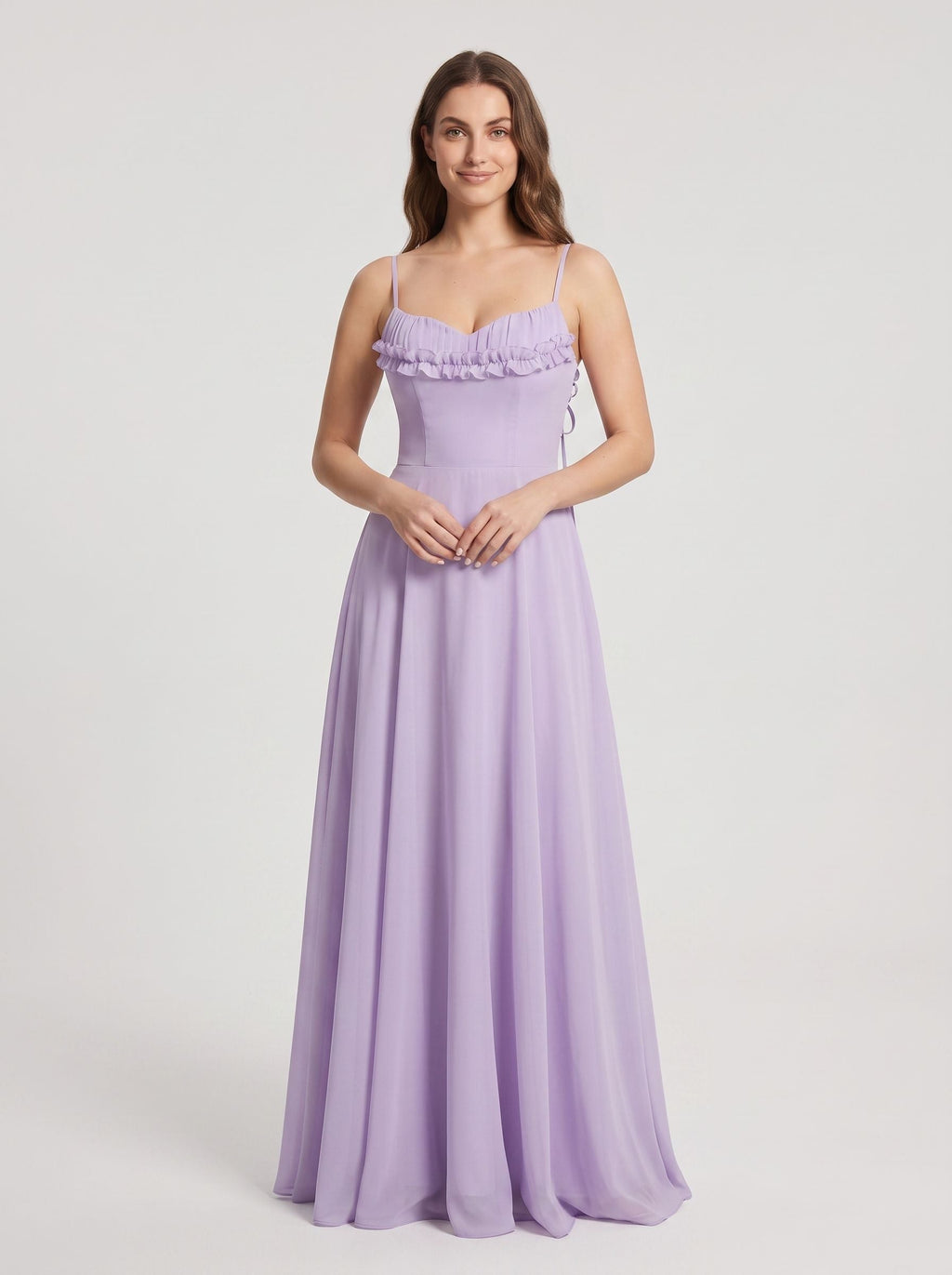 Wisteria Chiffon A-Line V-Neck Lace-up Floor-Length Dress with Pleated Bodice - Curvevia