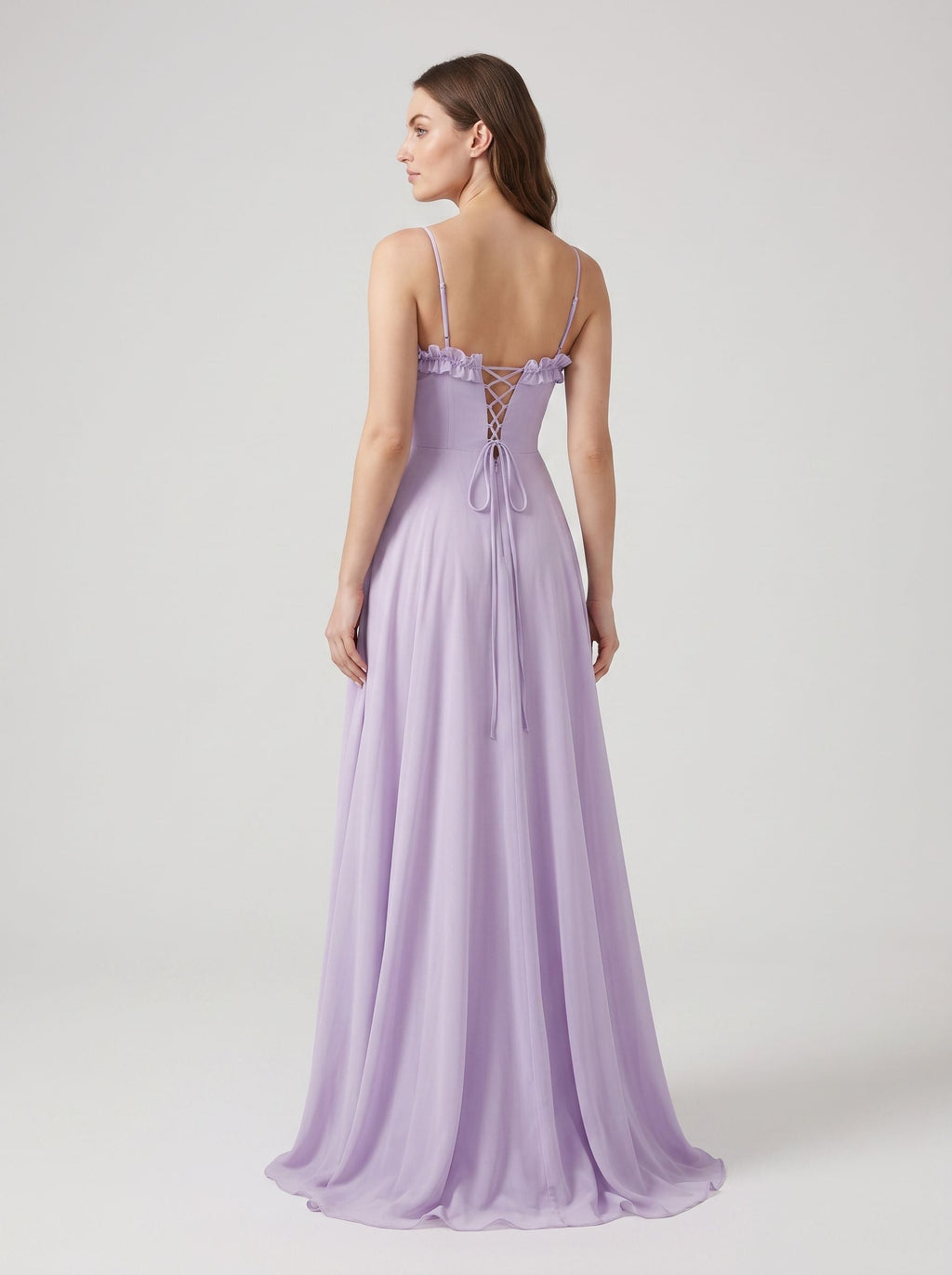 Wisteria Chiffon A-Line V-Neck Lace-up Floor-Length Dress with Pleated Bodice - Curvevia