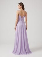 Wisteria Chiffon A-Line V-Neck Lace-up Floor-Length Dress with Pleated Bodice - Curvevia