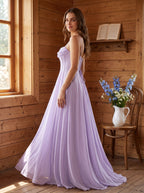 Wisteria Chiffon A-Line V-Neck Lace-up Floor-Length Dress with Pleated Bodice - Curvevia
