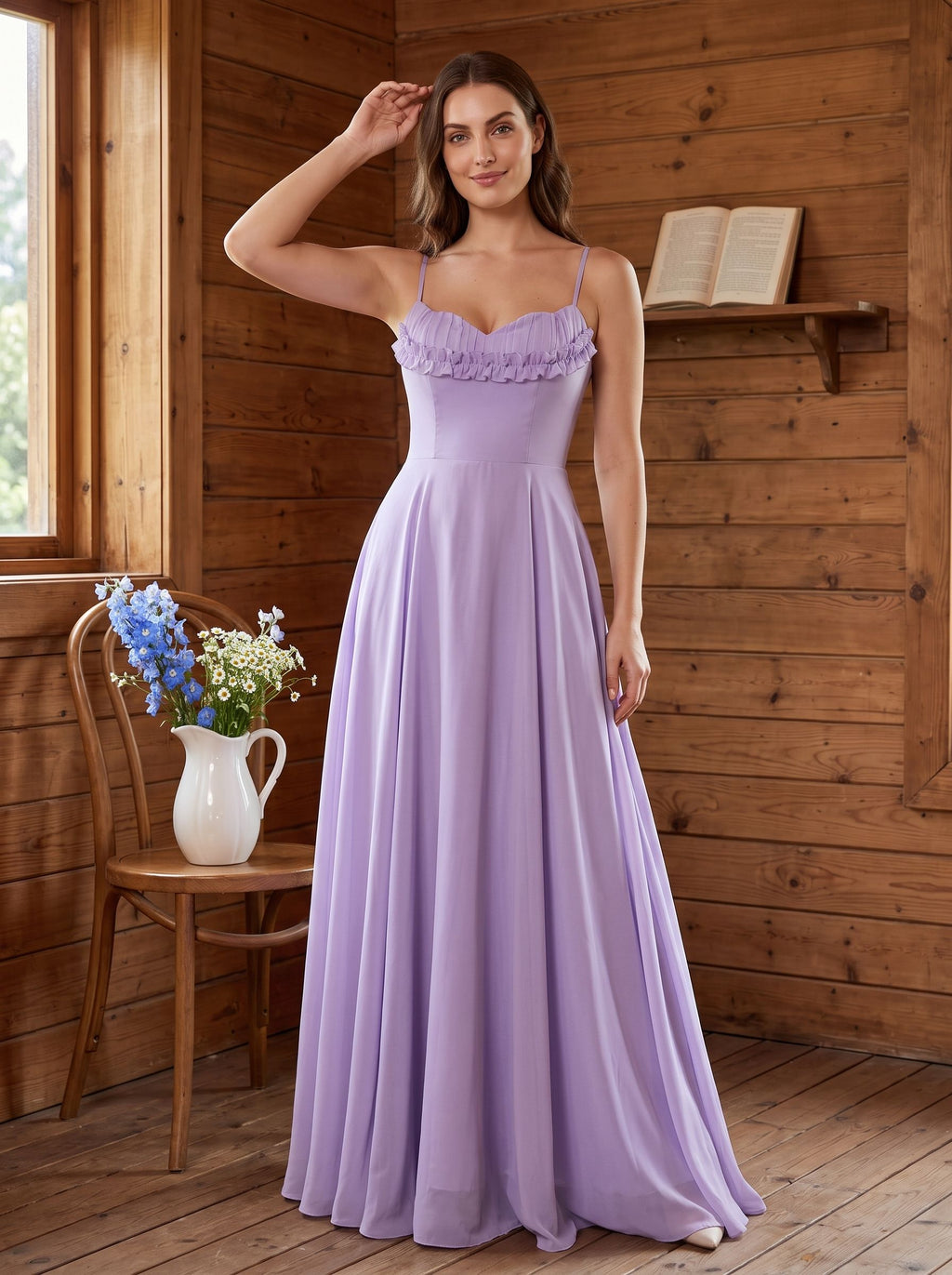 Wisteria Chiffon A-Line V-Neck Lace-up Floor-Length Dress with Pleated Bodice - Curvevia