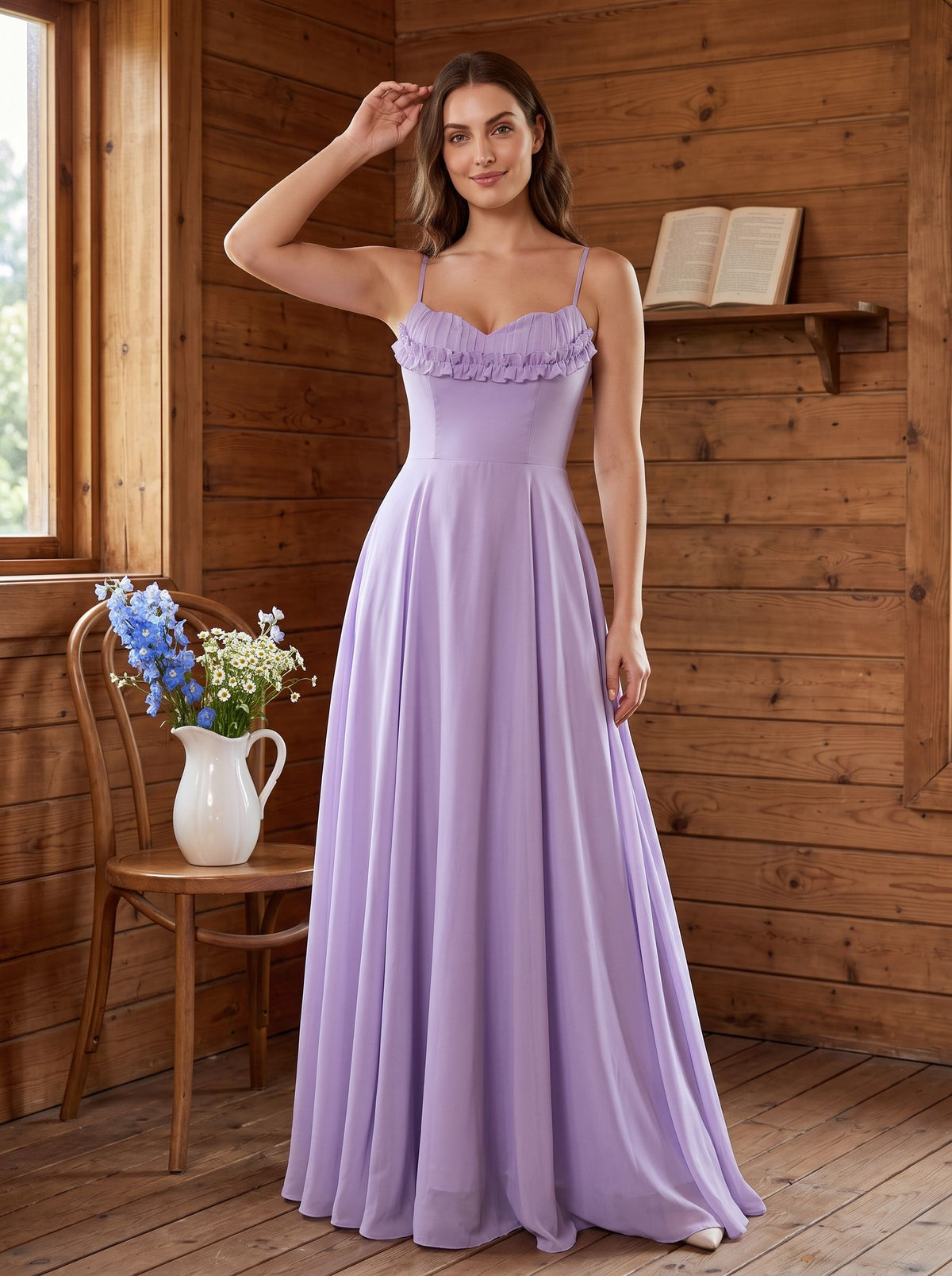 Wisteria Chiffon A-Line V-Neck Lace-up Floor-Length Dress with Pleated Bodice - Curvevia