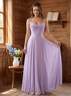 Wisteria Chiffon A-Line V-Neck Lace-up Floor-Length Dress with Pleated Bodice - Curvevia