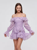 Lavender Chiffon A-Line Off-the-Shoulder Backless Short Dress with Ruffled Sleeves - Curvevia