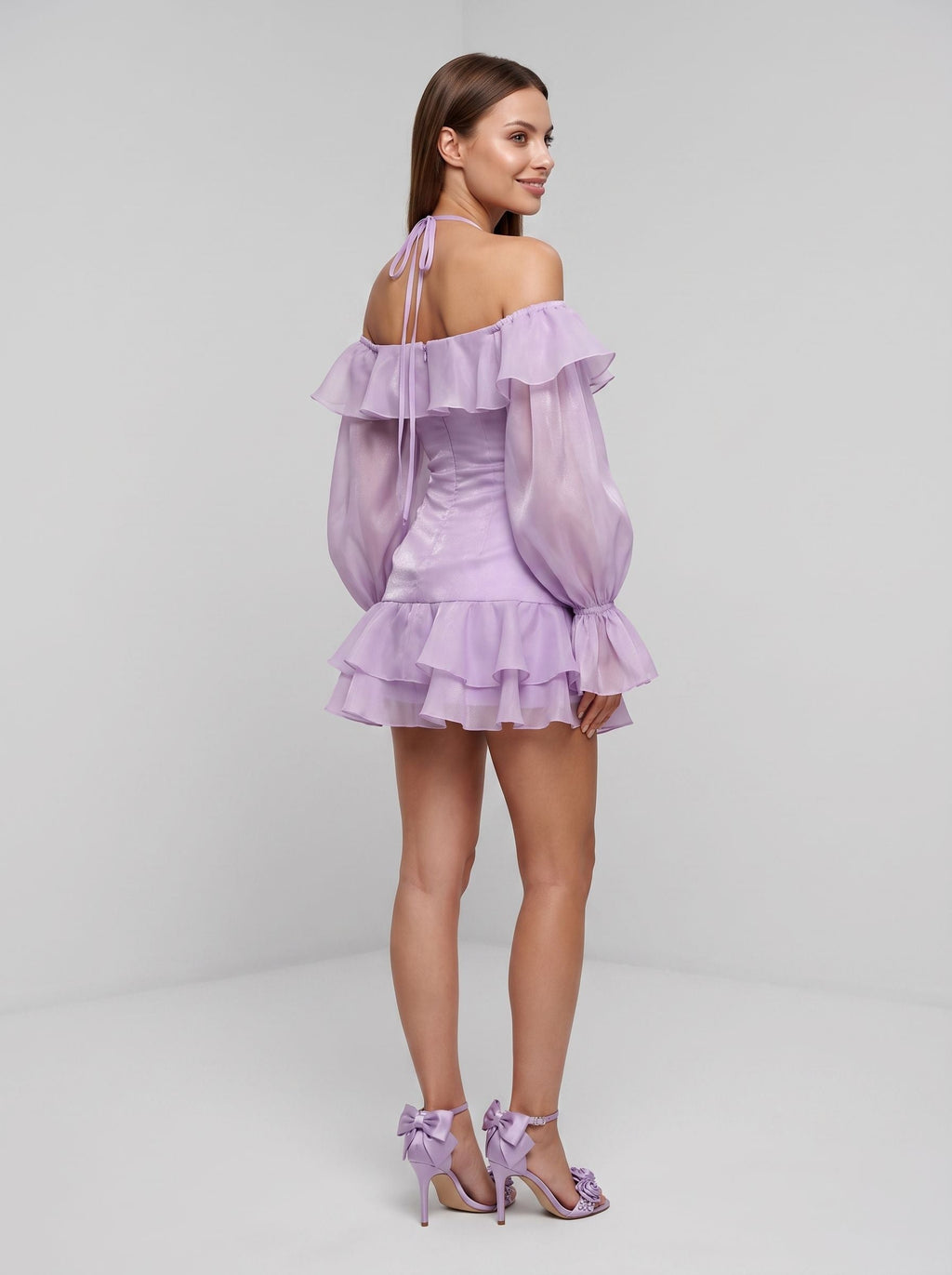 Lavender Chiffon A-Line Off-the-Shoulder Backless Short Dress with Ruffled Sleeves - Curvevia