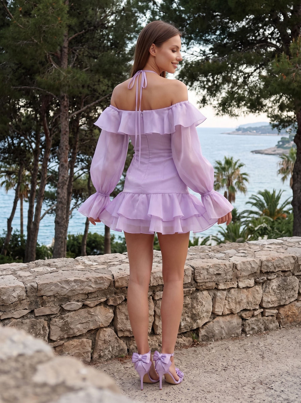 Lavender Chiffon A-Line Off-the-Shoulder Backless Short Dress with Ruffled Sleeves - Curvevia
