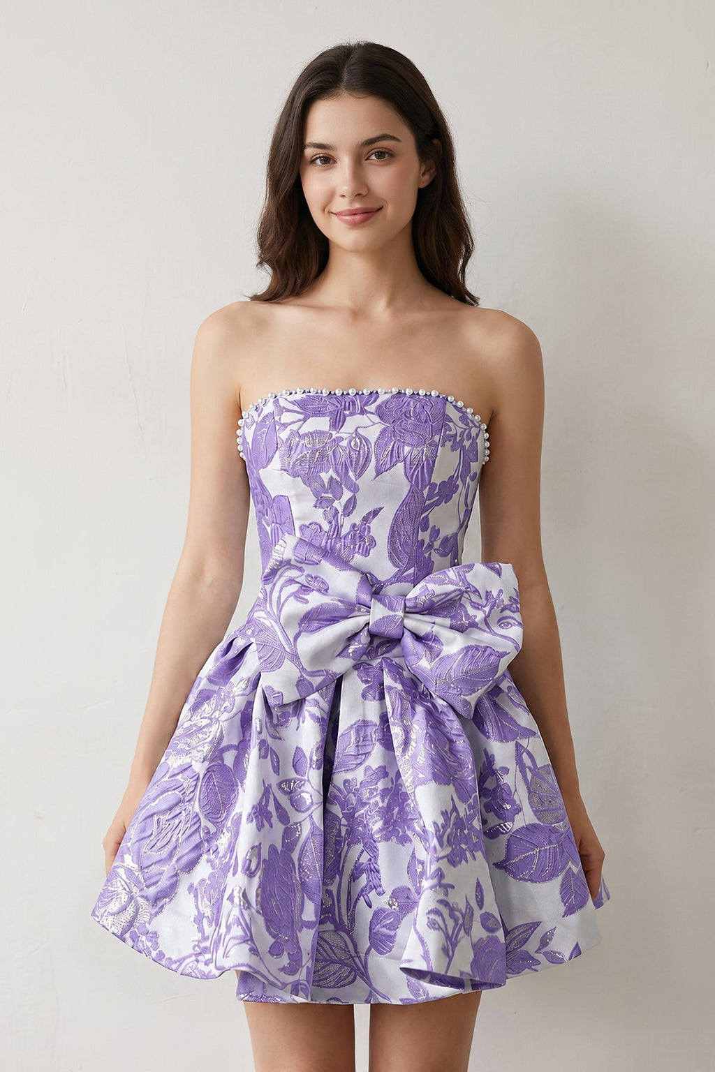 Blue Flower Jacquard Strapless A-Line Bowknot Homecoming Dress With Pearl - Curvevia