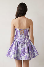 Blue Flower Jacquard Strapless A-Line Bowknot Homecoming Dress With Pearl - Curvevia