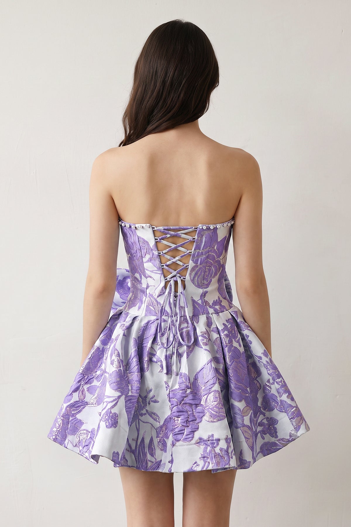 Blue Flower Jacquard Strapless A-Line Bowknot Homecoming Dress With Pearl - Curvevia