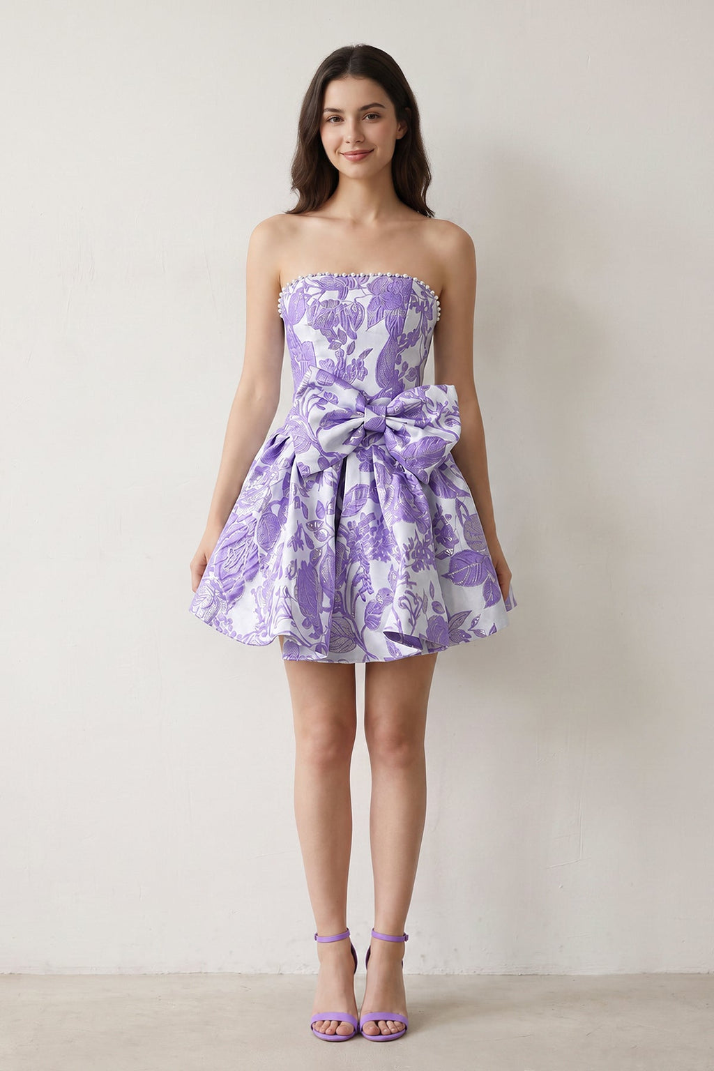 Blue Flower Jacquard Strapless A-Line Bowknot Homecoming Dress With Pearl - Curvevia
