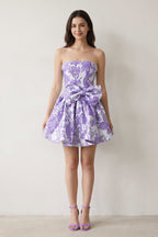 Blue Flower Jacquard Strapless A-Line Bowknot Homecoming Dress With Pearl - Curvevia