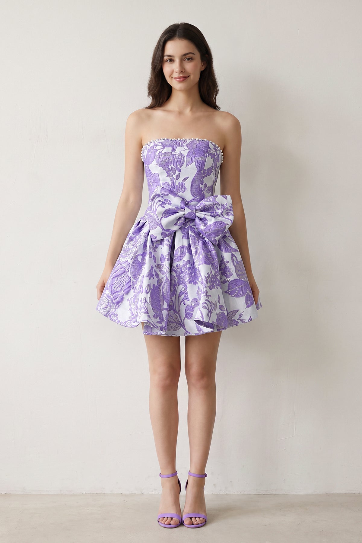 Blue Flower Jacquard Strapless A-Line Bowknot Homecoming Dress With Pearl - Curvevia