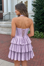 Yellow Halter Tiered Satin A-Line Corset Homecoming Dress With Pearl - Curvevia